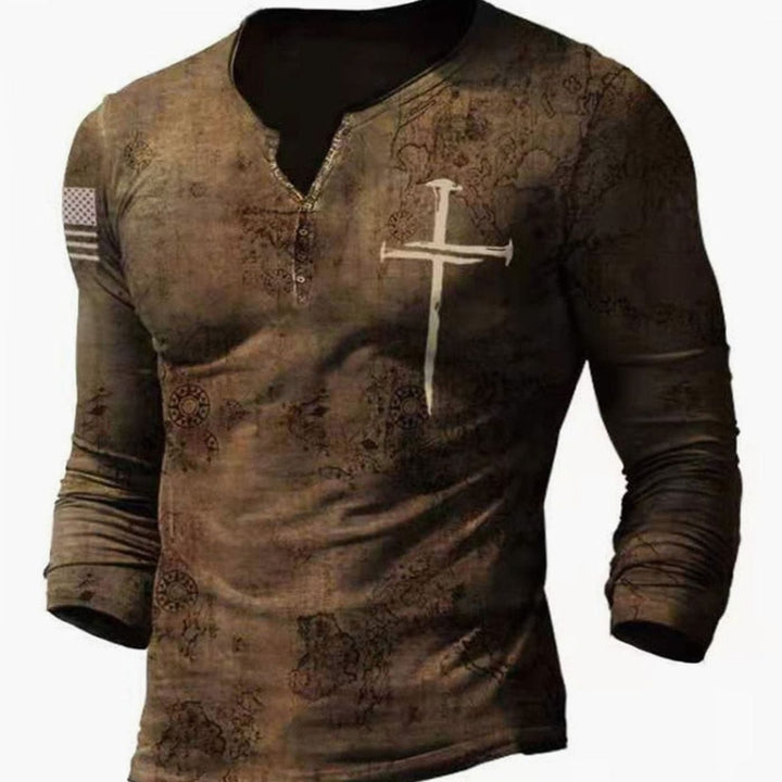 Men's Vintage Skull Graphic Henley Long Sleeve Shirt