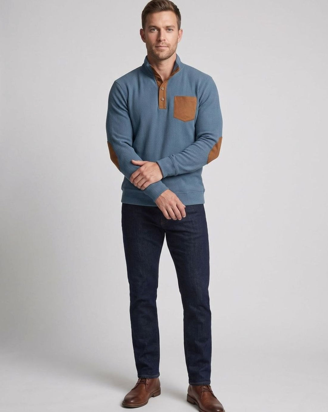 Men's Waffle Knit Henley Pullover Sweater Elbow Patch Stand Collar