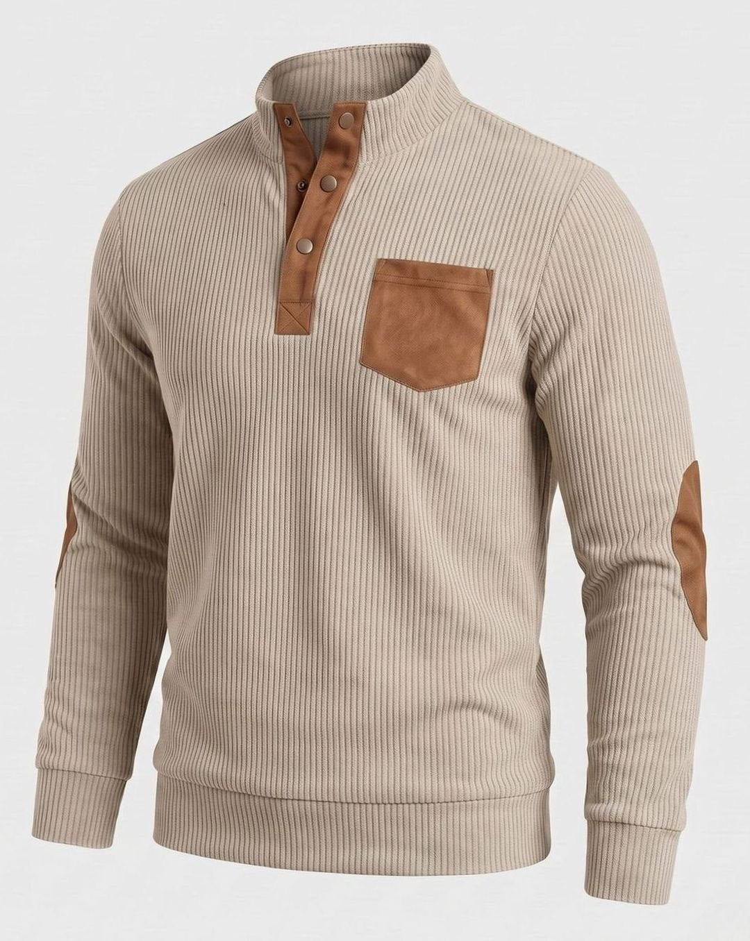 Men's Waffle Knit Henley Pullover Sweater Elbow Patch Stand Collar - Apricot