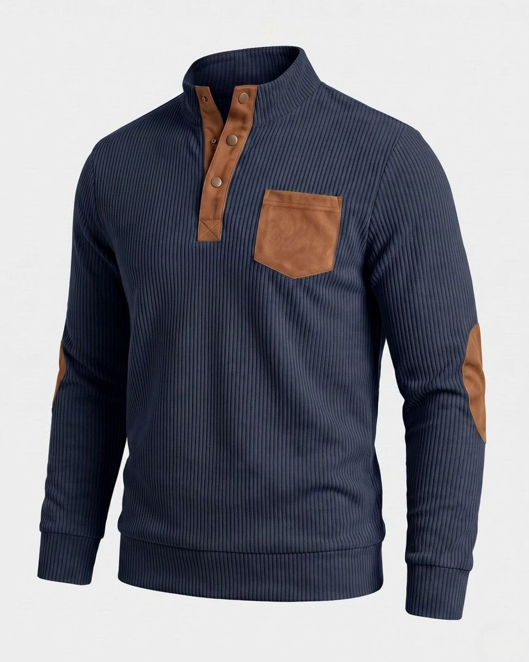 Men's Waffle Knit Henley Pullover Sweater Elbow Patch Stand Collar - Navy Blue