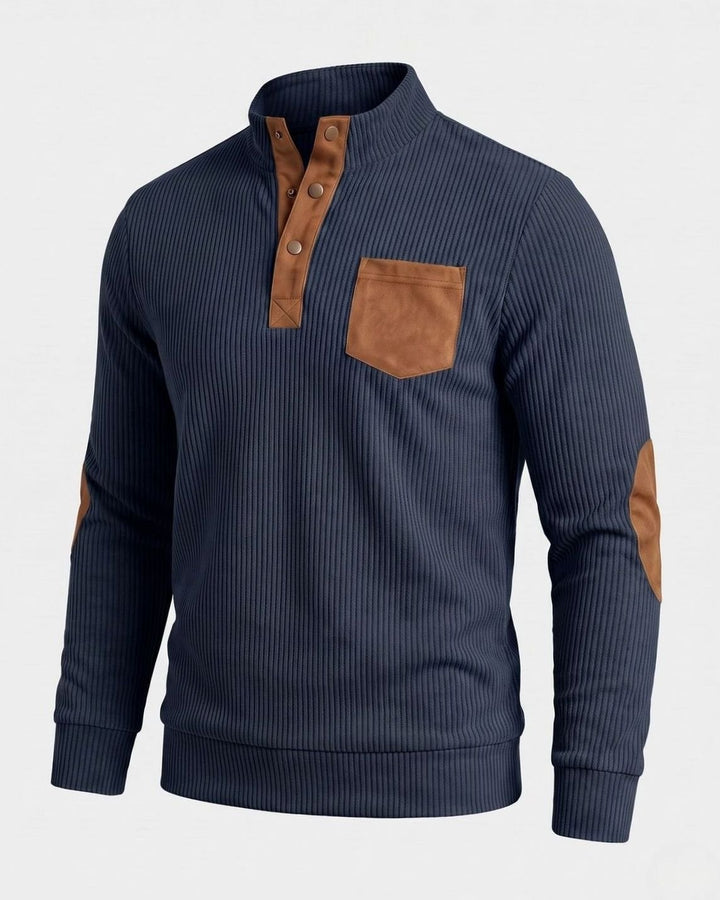 Men's Waffle Knit Henley Pullover Sweater Elbow Patch Stand Collar - Navy Blue