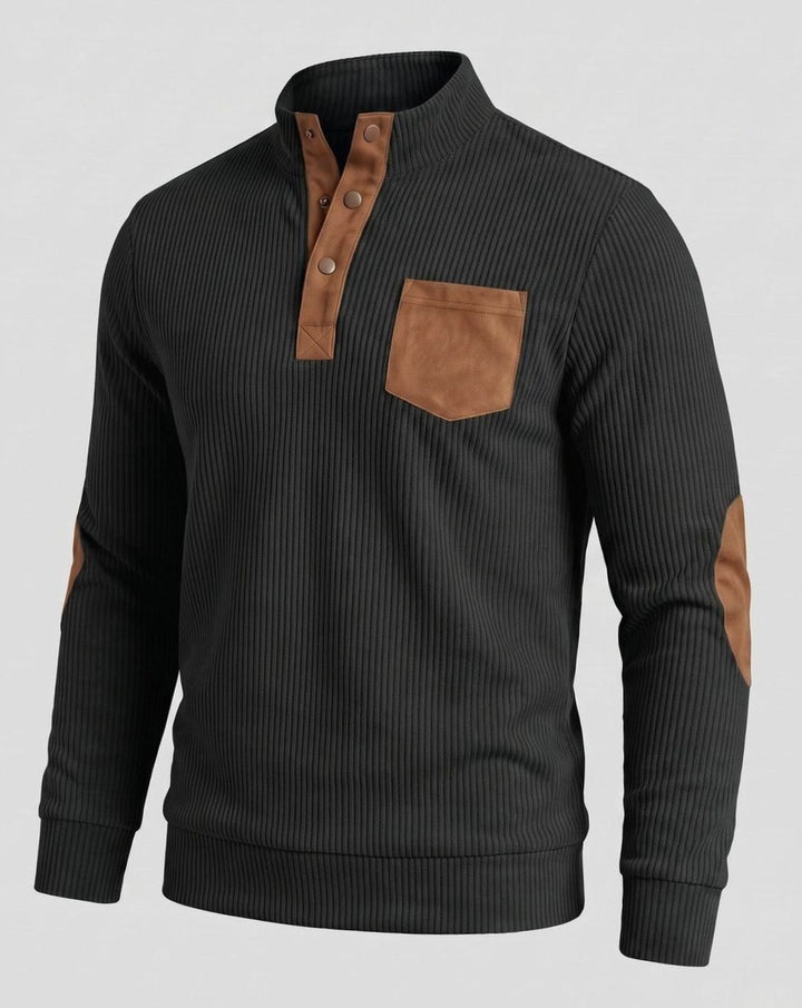 Men's Waffle Knit Henley Pullover Sweater Elbow Patch Stand Collar - Black