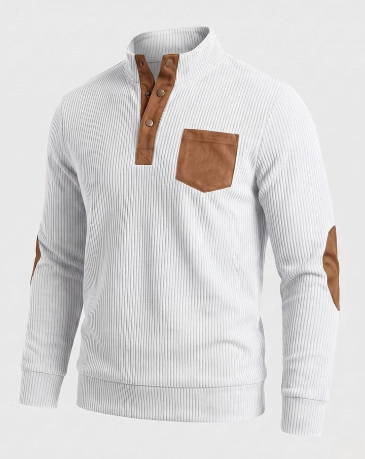 Men's Waffle Knit Henley Pullover Sweater Elbow Patch Stand Collar - White