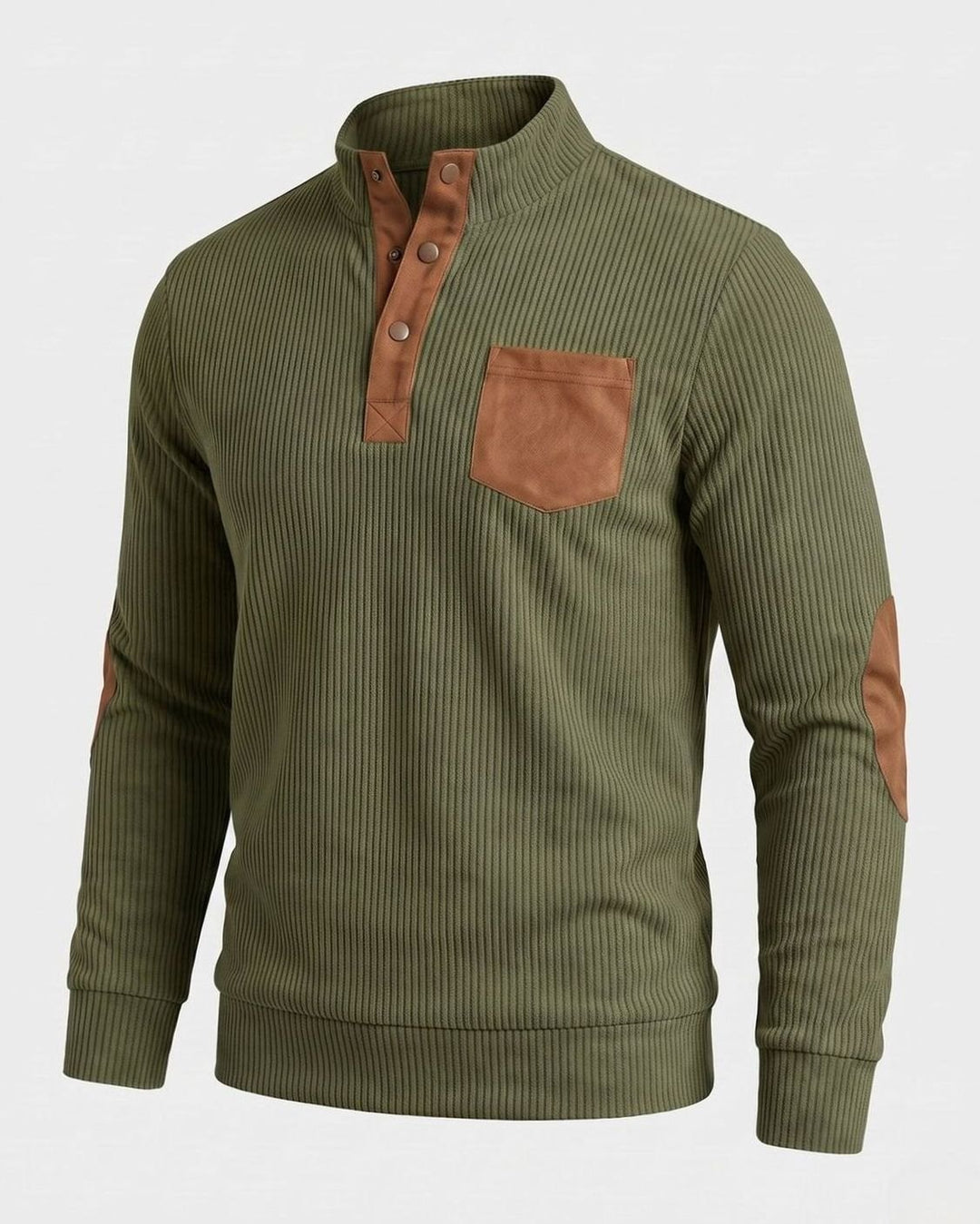 Men's Waffle Knit Henley Pullover Sweater Elbow Patch Stand Collar - Army Green