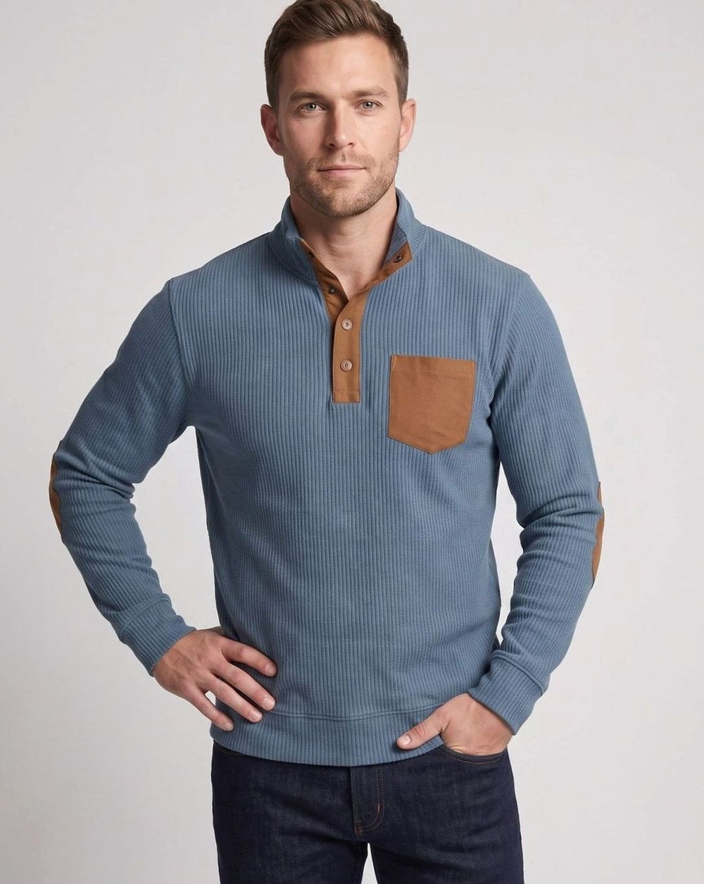 Men's Waffle Knit Henley Pullover Sweater Elbow Patch Stand Collar