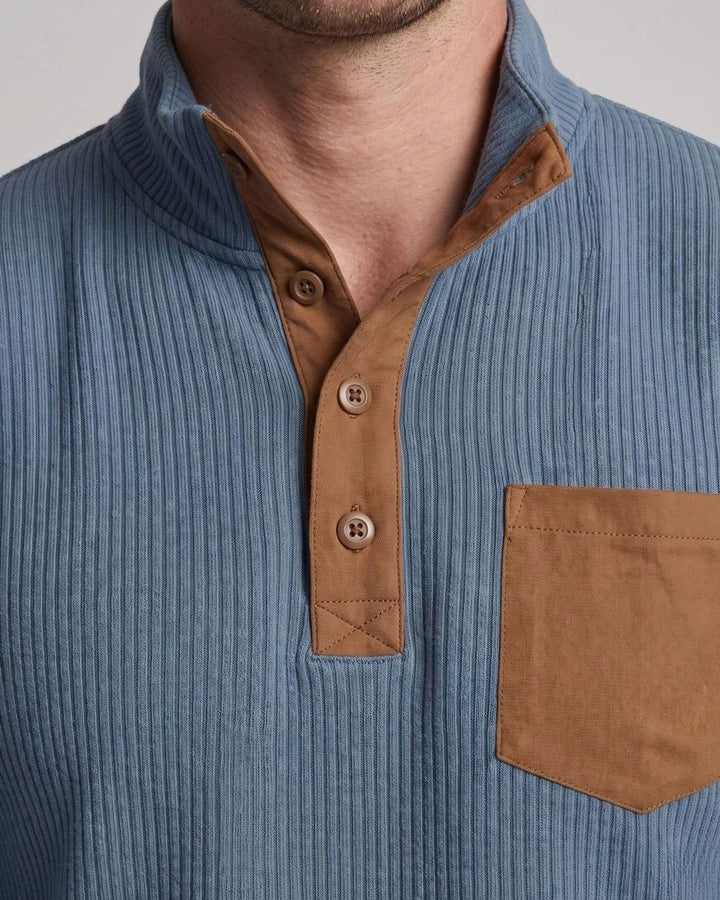 Men's Waffle Knit Henley Pullover Sweater Elbow Patch Stand Collar