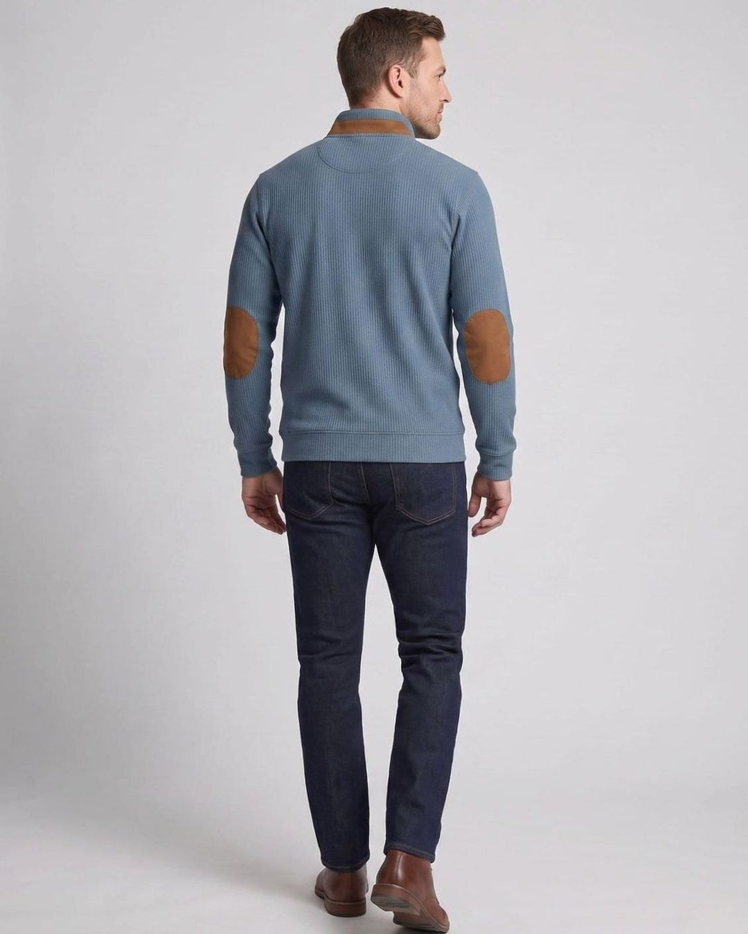 Men's Waffle Knit Henley Pullover Sweater Elbow Patch Stand Collar