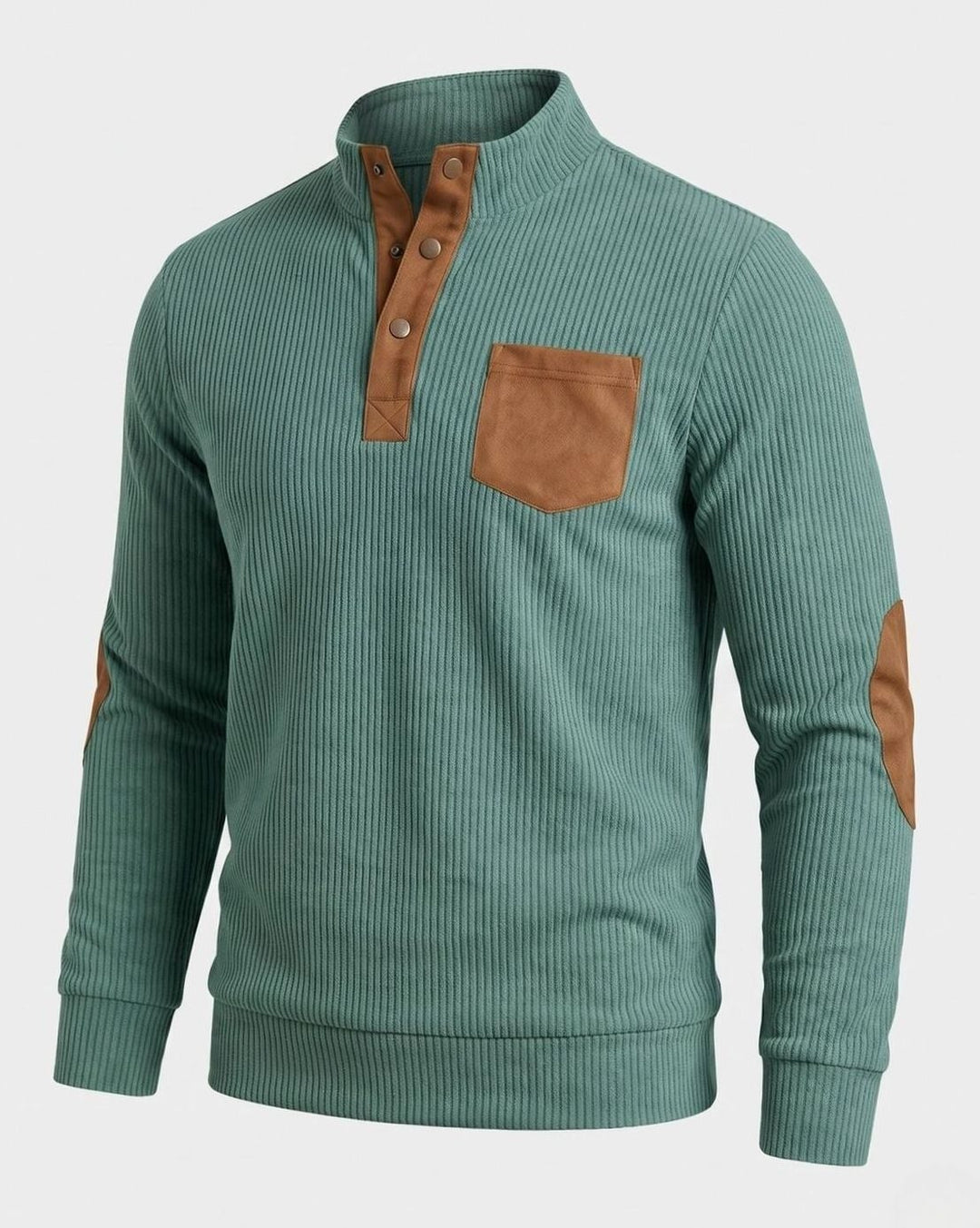 Men's Waffle Knit Henley Pullover Sweater Elbow Patch Stand Collar - Apple Green