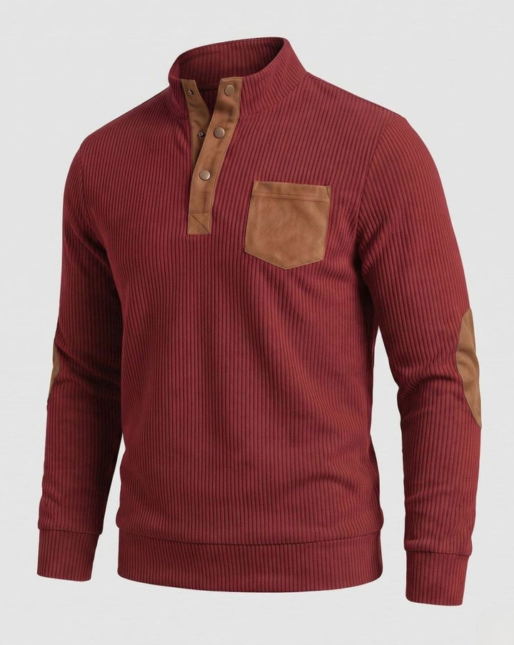 Men's Waffle Knit Henley Pullover Sweater Elbow Patch Stand Collar - Wine Red