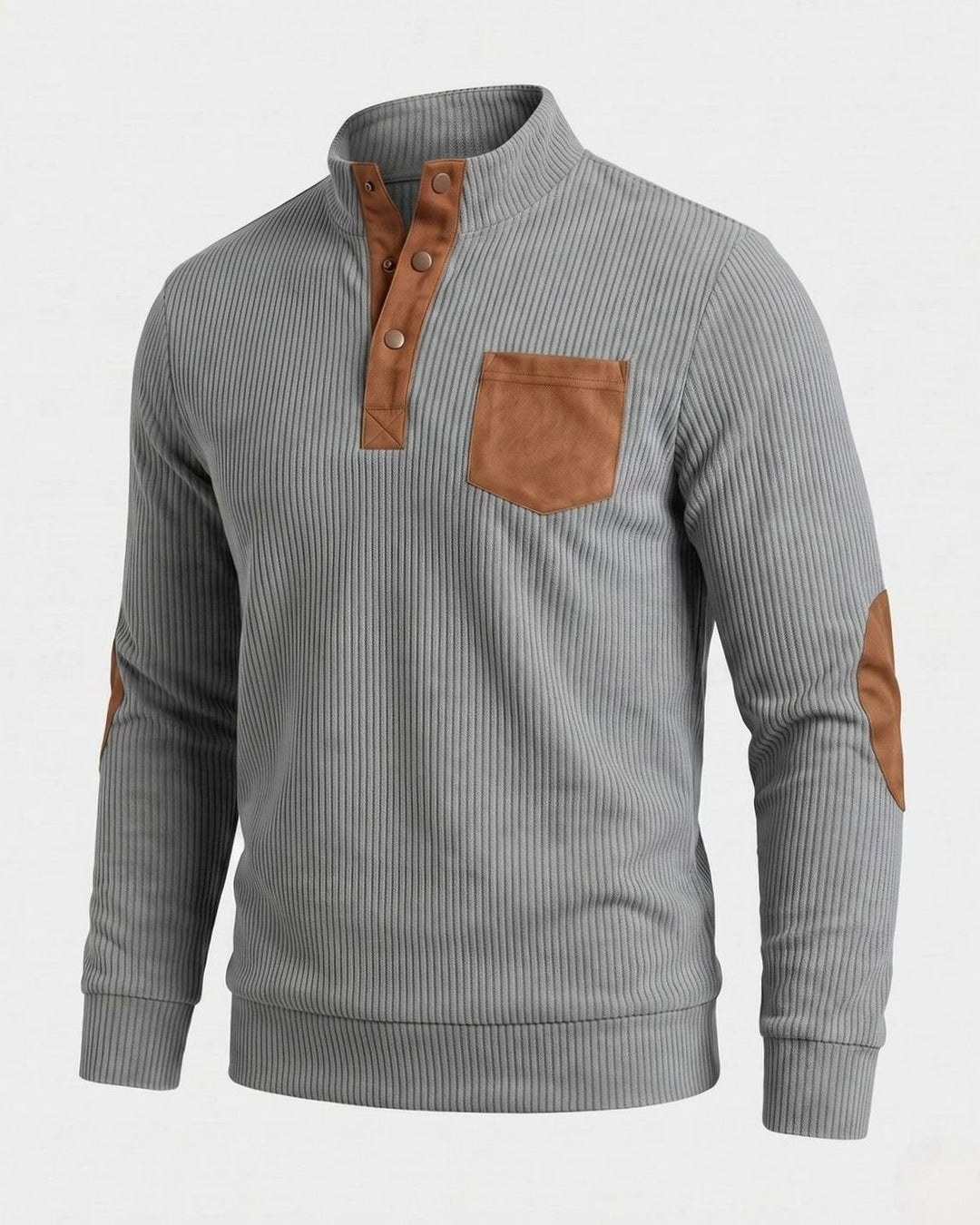 Men's Waffle Knit Henley Pullover Sweater Elbow Patch Stand Collar - Light Gray