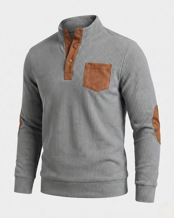 Men's Waffle Knit Henley Pullover Sweater Elbow Patch Stand Collar - Light Gray