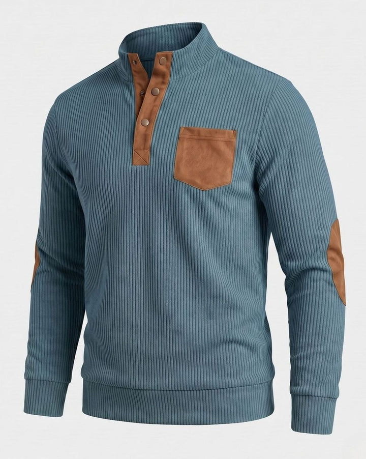 Men's Waffle Knit Henley Pullover Sweater Elbow Patch Stand Collar - Jeans Blue