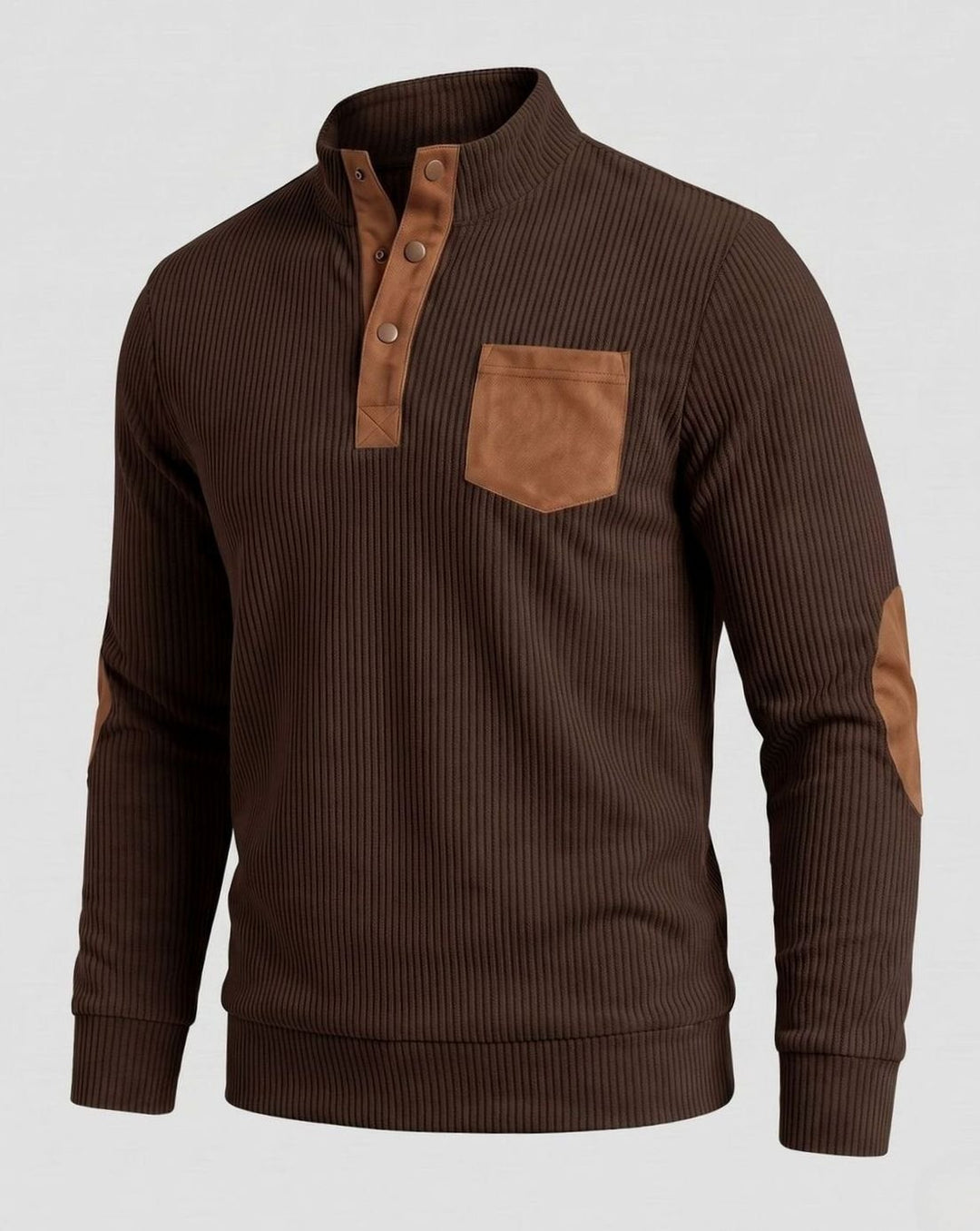 Men's Waffle Knit Henley Pullover Sweater Elbow Patch Stand Collar - Brown