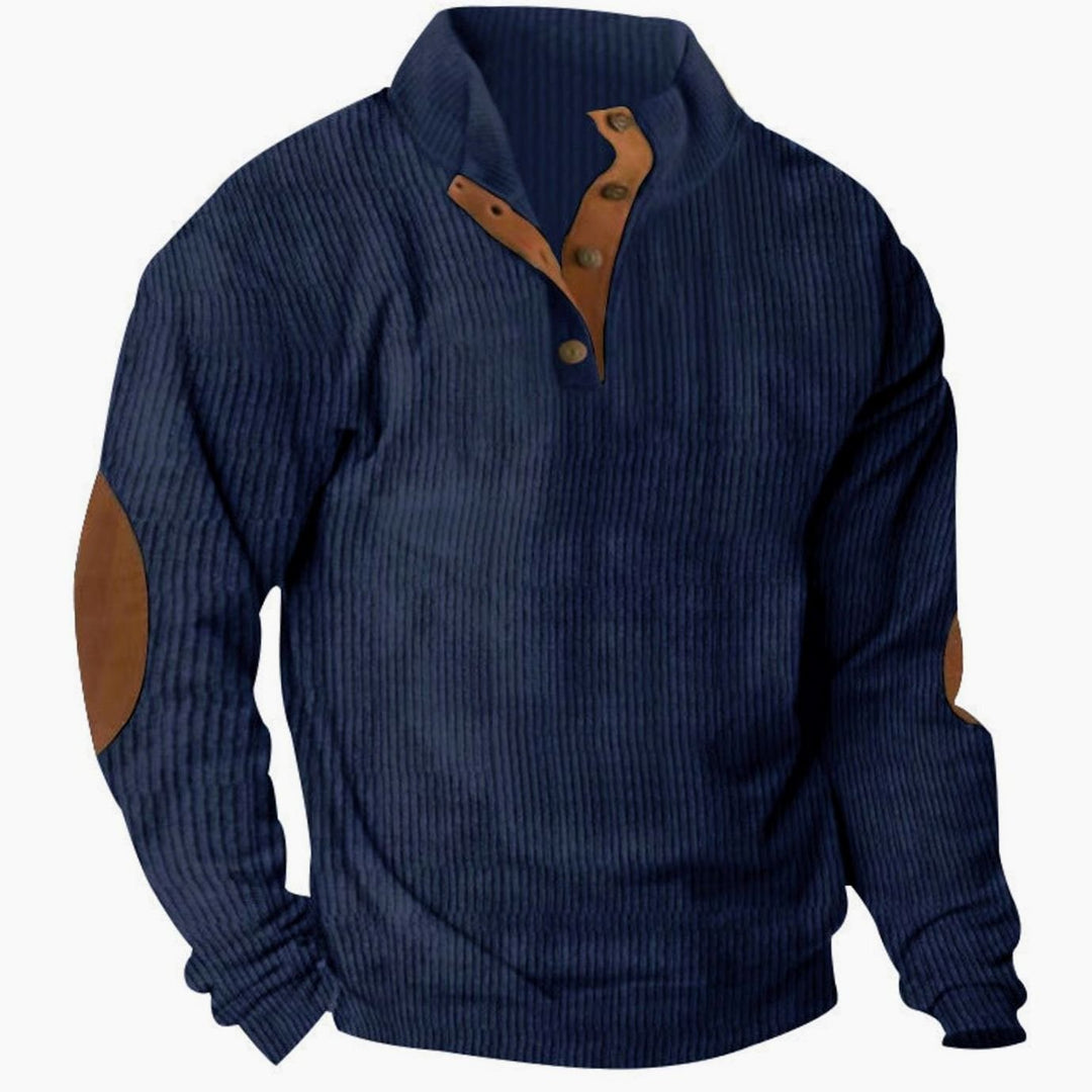 Men's Waffle Knit Henley Sweater Stand Collar Elbow Patch Pullover - Navy Blue