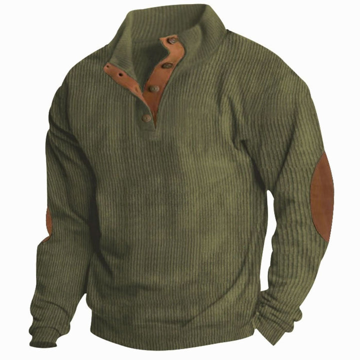 Men's Waffle Knit Henley Sweater Stand Collar Elbow Patch Pullover - Military Green
