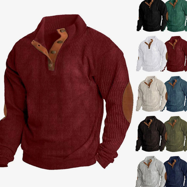 Men's Waffle Knit Henley Sweater Stand Collar Elbow Patch Pullover - Wine Red