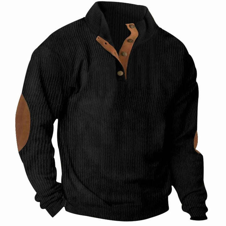 Men's Waffle Knit Henley Sweater Stand Collar Elbow Patch Pullover - Black