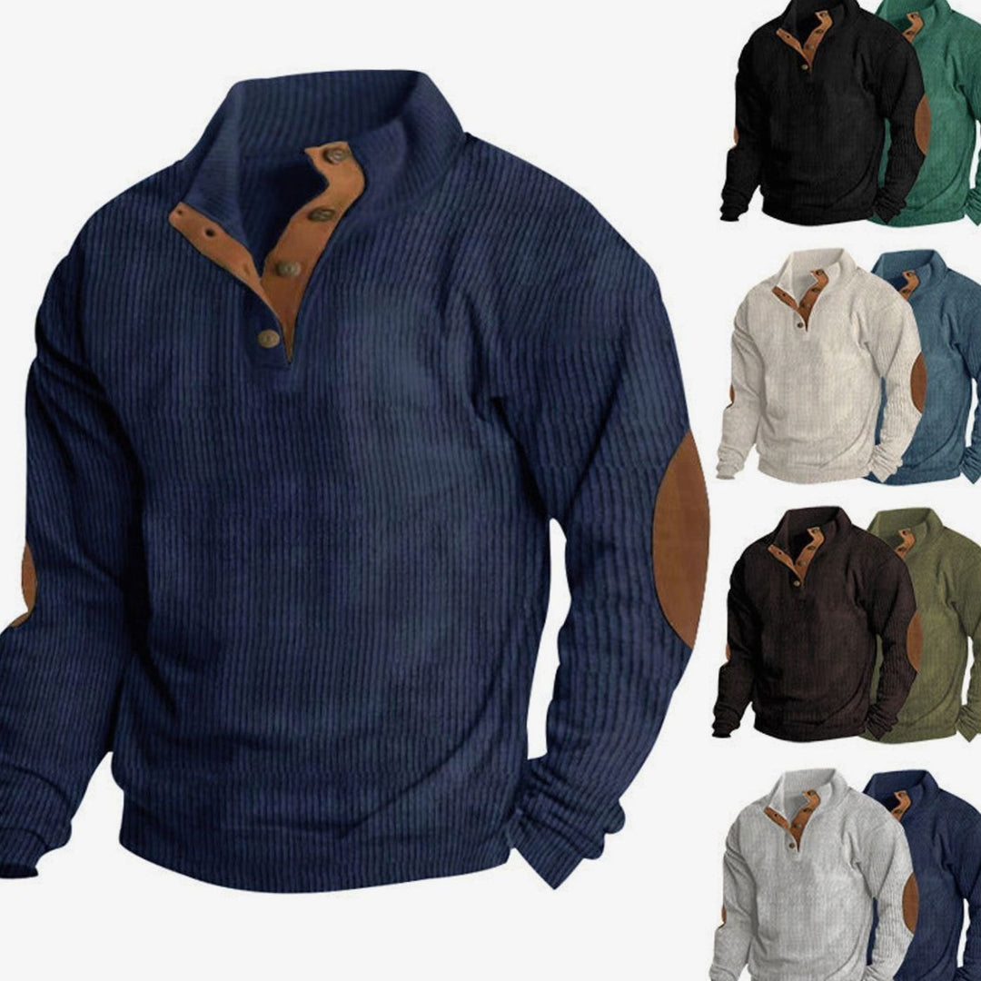 Men's Waffle Knit Henley Sweater Stand Collar Elbow Patch Pullover