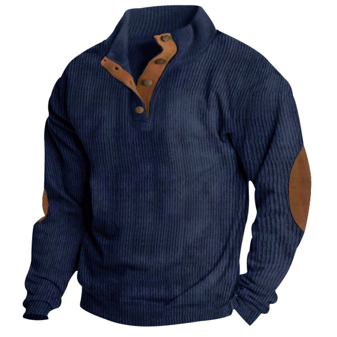 Men's Waffle Knit Henley Sweater Stand Collar Elbow Patch Pullover