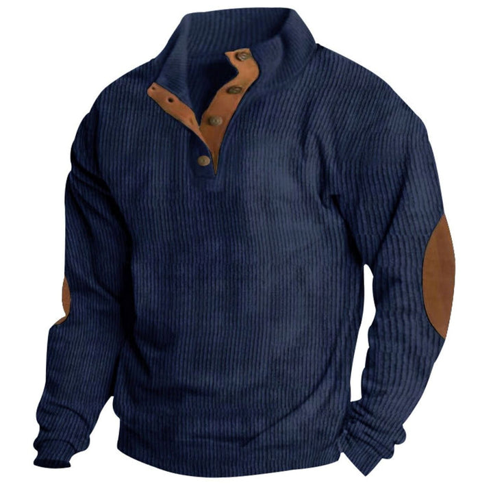 Men's Waffle Knit Henley Sweater Stand Collar Elbow Patch Pullover
