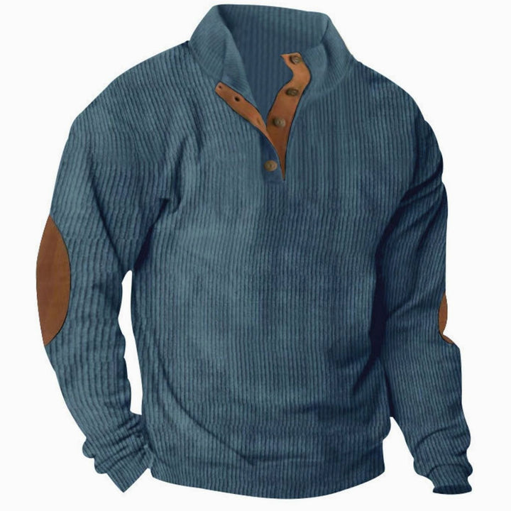 Men's Waffle Knit Henley Sweater Stand Collar Elbow Patch Pullover