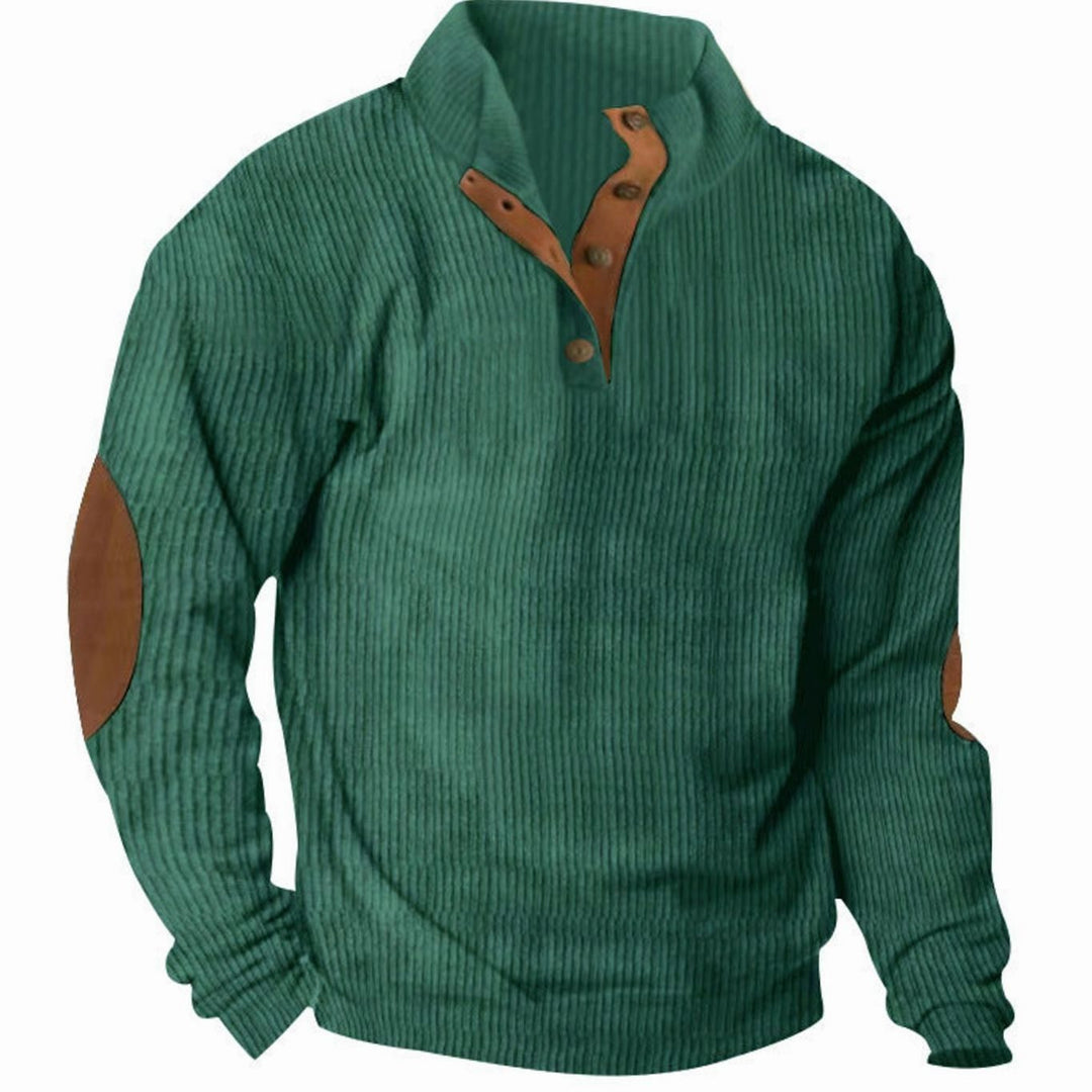Men's Waffle Knit Henley Sweater Stand Collar Elbow Patch Pullover