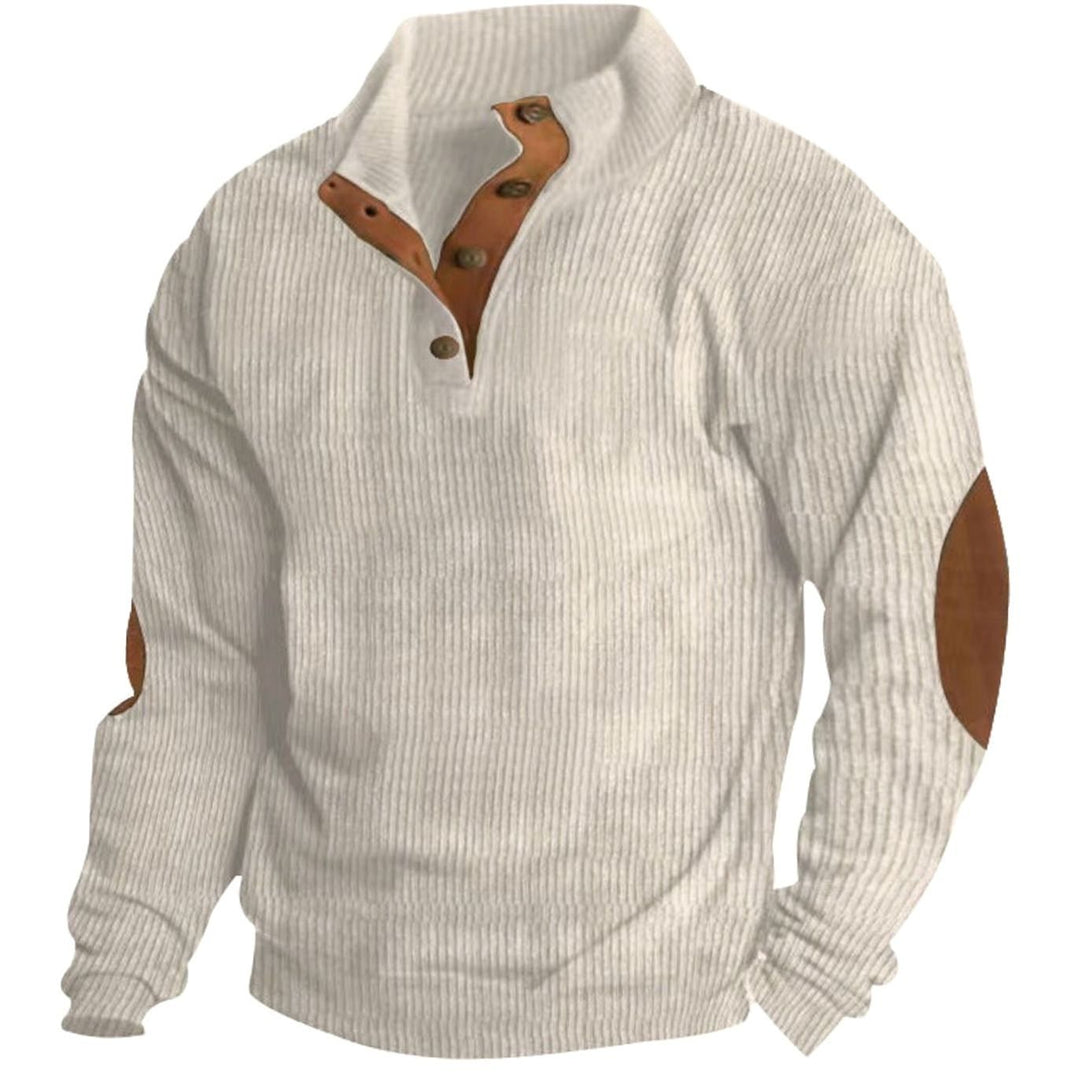 Men's Waffle Knit Henley Sweater Stand Collar Elbow Patch Pullover - Apricot