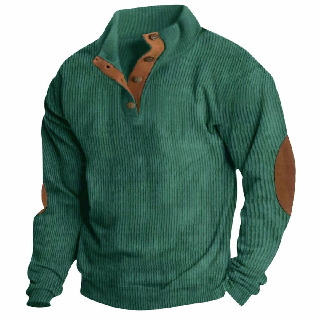 Men's Waffle Knit Henley Sweater Stand Collar Elbow Patch Pullover - Emerald Green