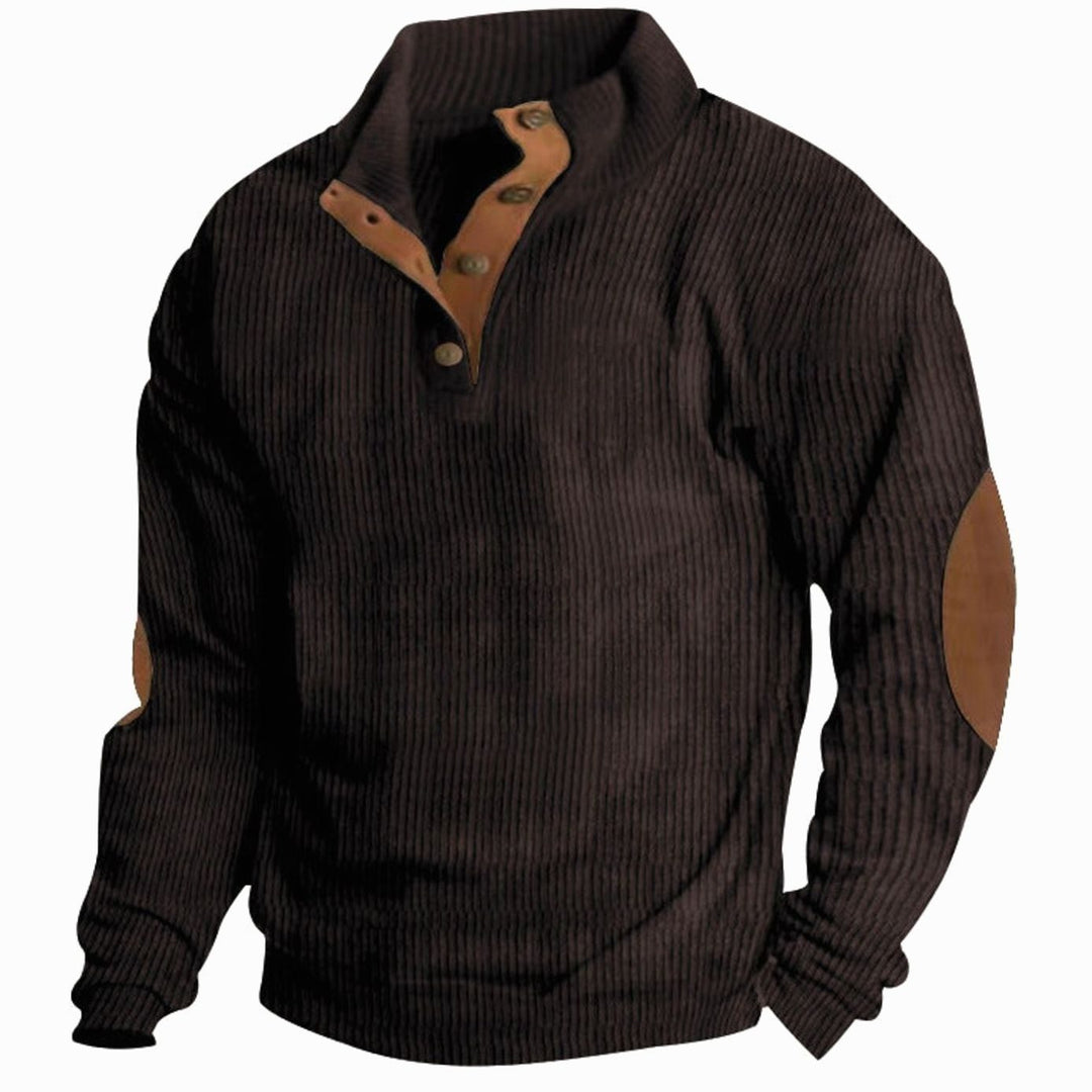 Men's Waffle Knit Henley Sweater Stand Collar Elbow Patch Pullover - Dark Brown