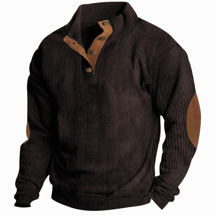 Men's Waffle Knit Henley Sweater Stand Collar Elbow Patch Pullover - Dark Brown