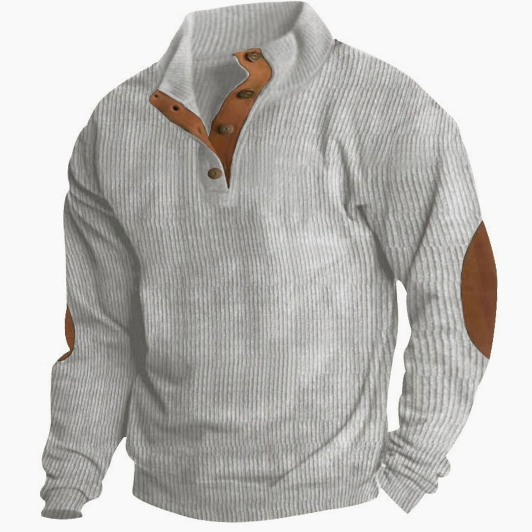 Men's Waffle Knit Henley Sweater Stand Collar Elbow Patch Pullover - Light Gray