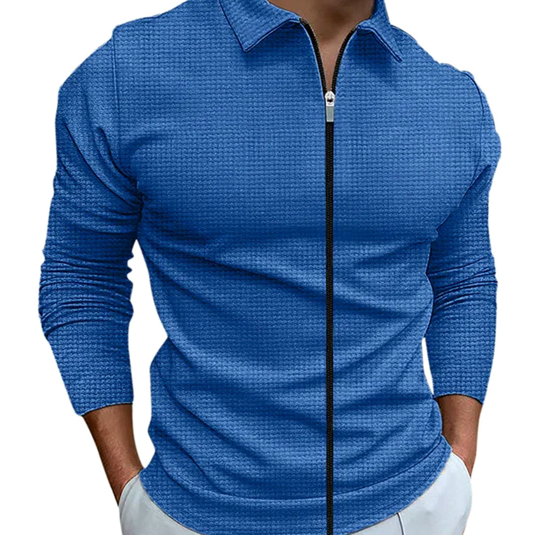 Men's Waffle Knit Long Sleeve Full-Zip Collared Casual Shirt - Royal Blue