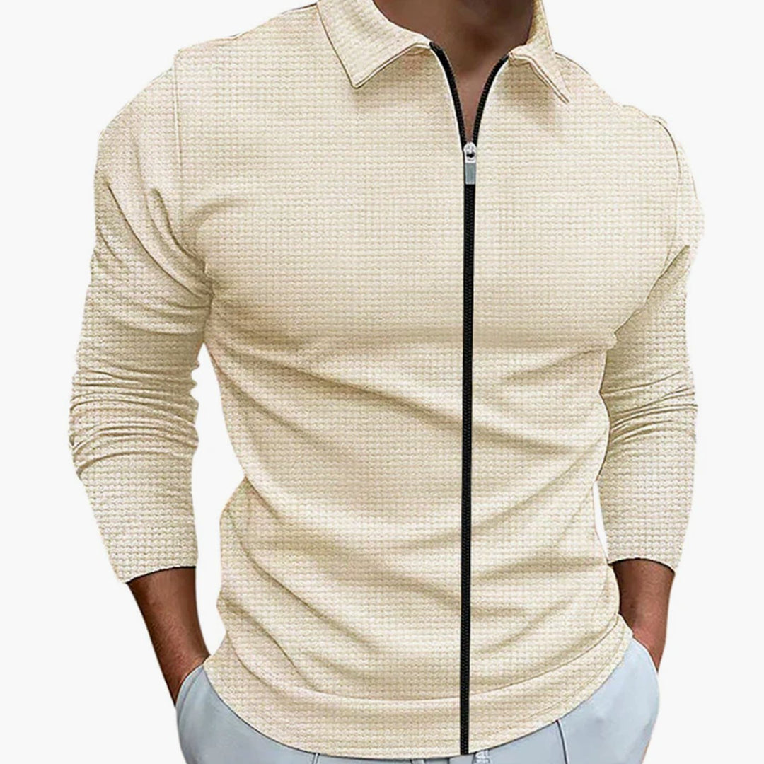 Men's Waffle Knit Long Sleeve Full-Zip Collared Casual Shirt - Khaki