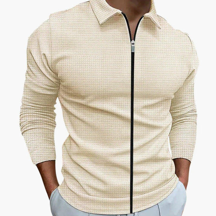 Men's Waffle Knit Long Sleeve Full-Zip Collared Casual Shirt - Khaki