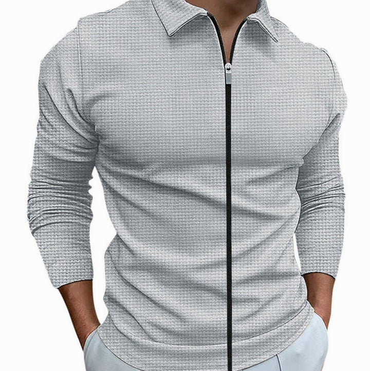 Men's Waffle Knit Long Sleeve Full-Zip Collared Casual Shirt - Light Gray