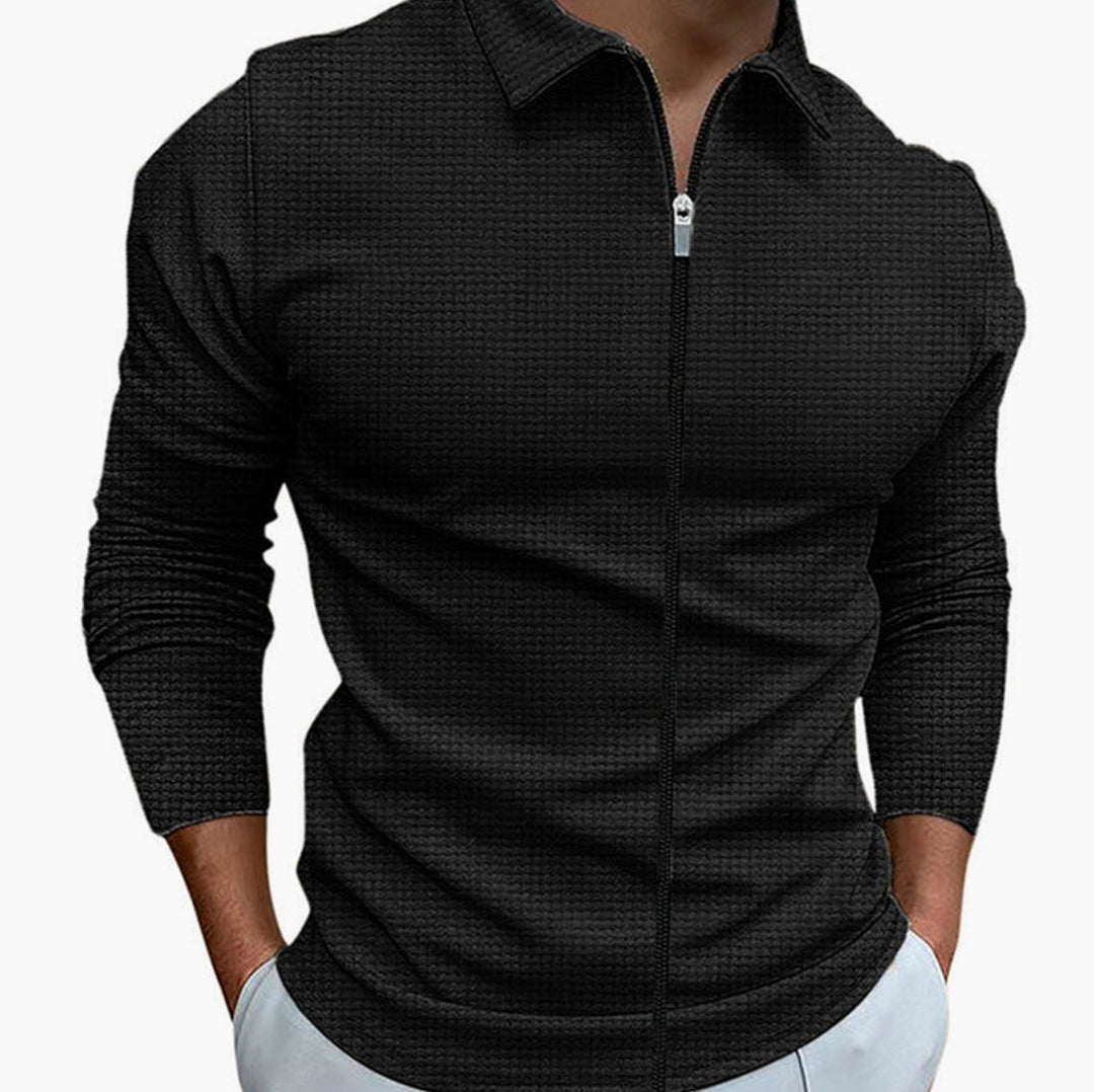 Men's Waffle Knit Long Sleeve Full-Zip Collared Casual Shirt - Black