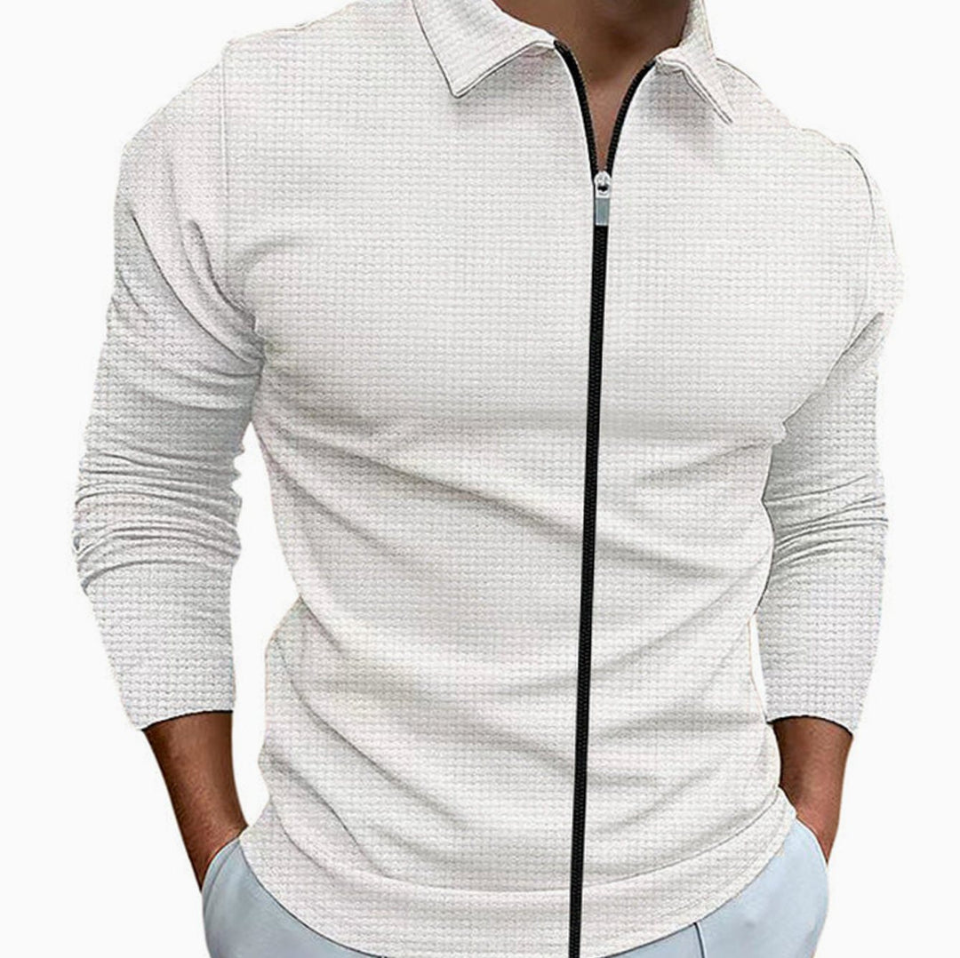 Men's Waffle Knit Long Sleeve Full-Zip Collared Casual Shirt - White