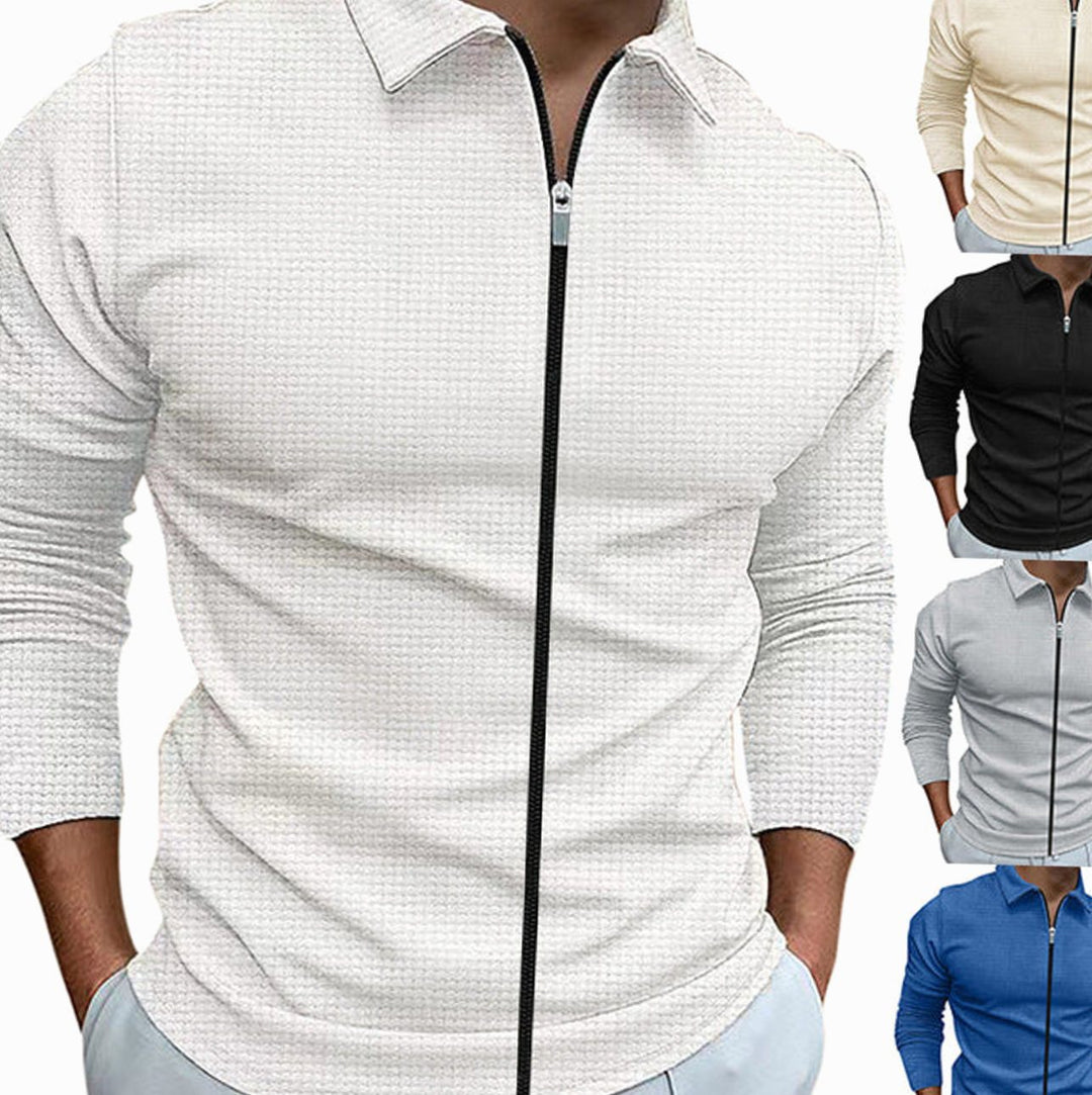 Men's Waffle Knit Long Sleeve Full-Zip Collared Casual Shirt