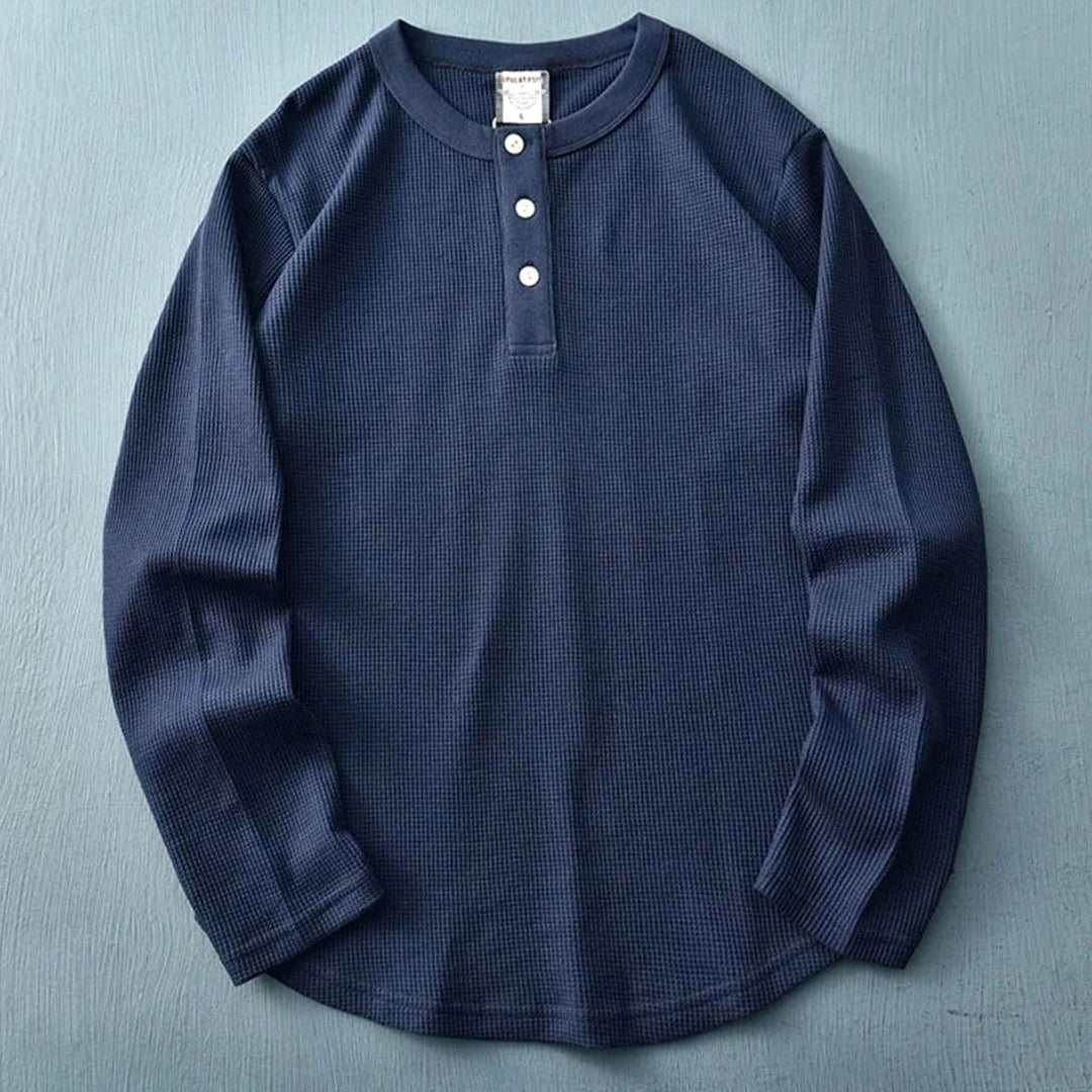 Men's Waffle Knit Long Sleeve Henley Shirt - Navy Blue