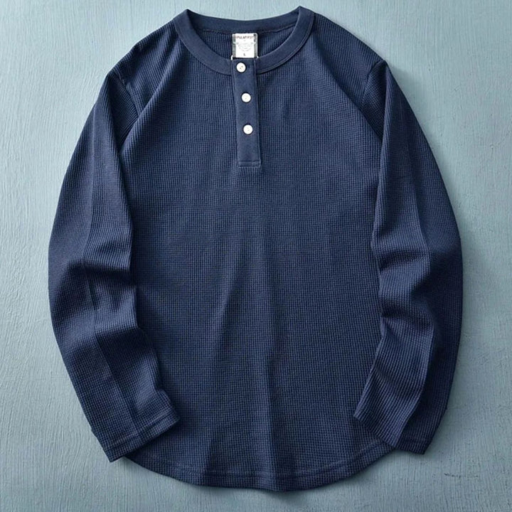 Men's Waffle Knit Long Sleeve Henley Shirt - Navy Blue
