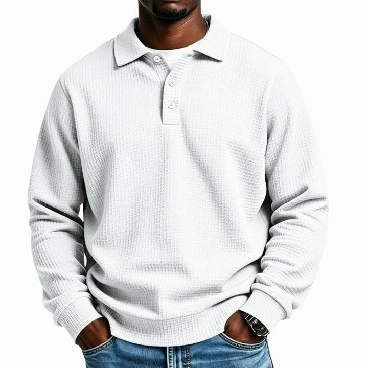 Men's Waffle Knit Long Sleeve Polo Shirt Relaxed-Fit Button Placket