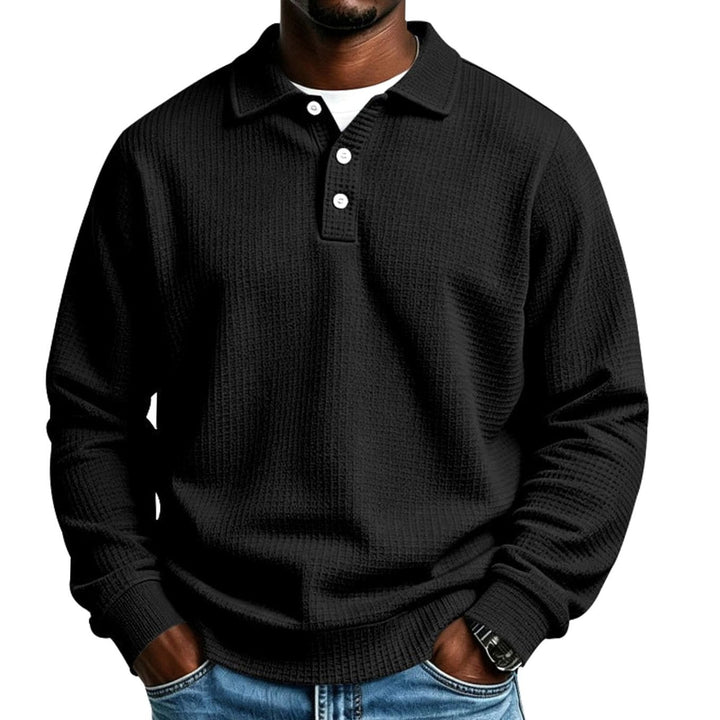 Men's Waffle Knit Long Sleeve Polo Shirt Relaxed-Fit Button Placket - Black