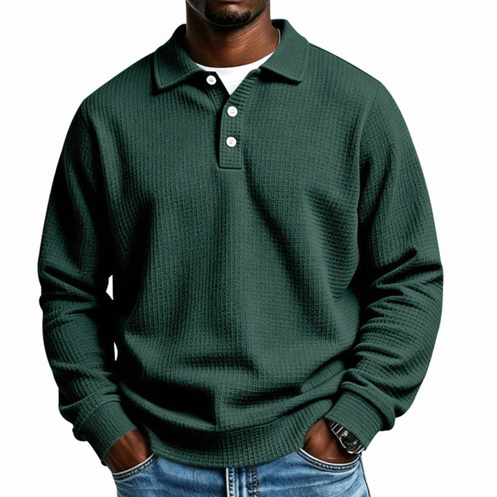 Men's Waffle Knit Long Sleeve Polo Shirt Relaxed-Fit Button Placket - Grass Green