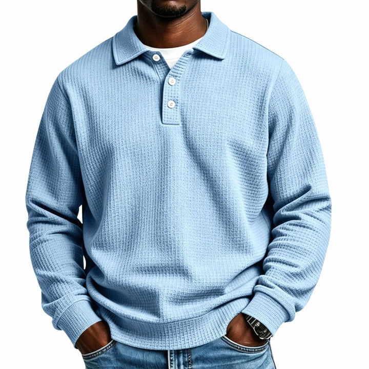 Men's Waffle Knit Long Sleeve Polo Shirt Relaxed-Fit Button Placket - Light Blue