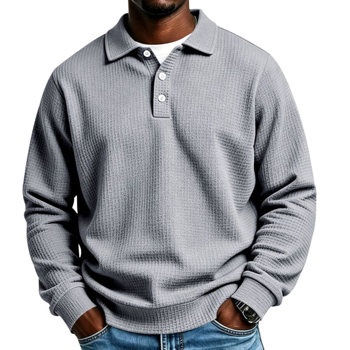 Men's Waffle Knit Long Sleeve Polo Shirt Relaxed-Fit Button Placket