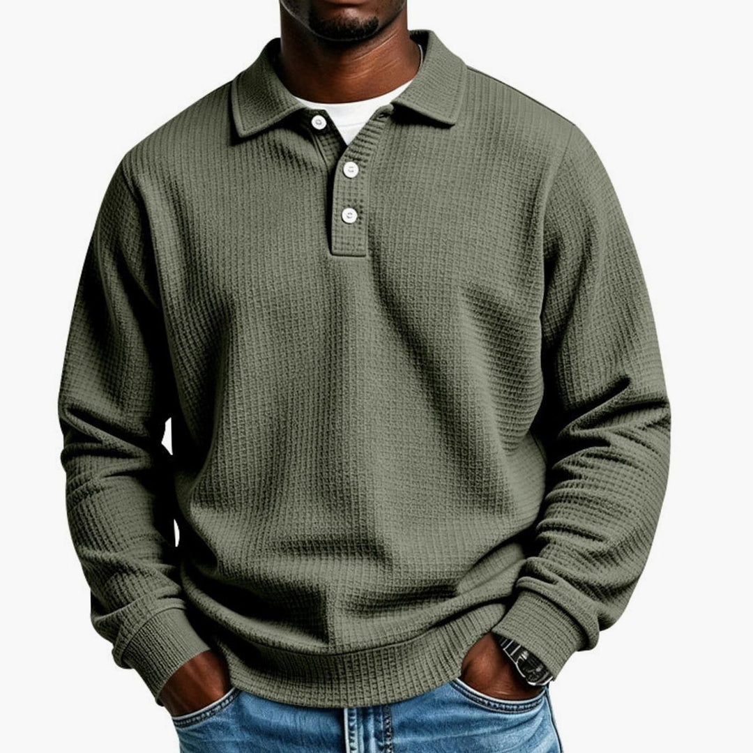 Men's Waffle Knit Long Sleeve Polo Shirt Relaxed-Fit Button Placket