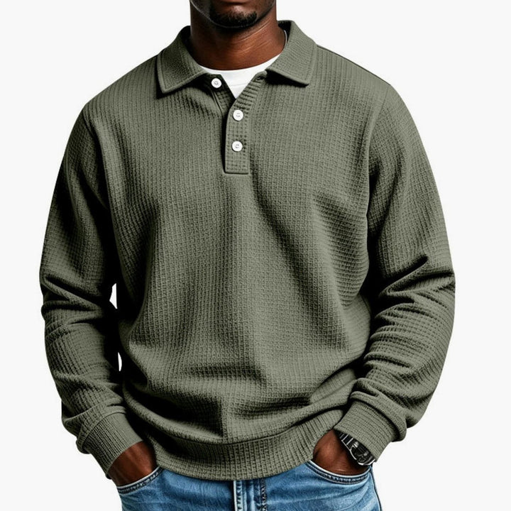 Men's Waffle Knit Long Sleeve Polo Shirt Relaxed-Fit Button Placket