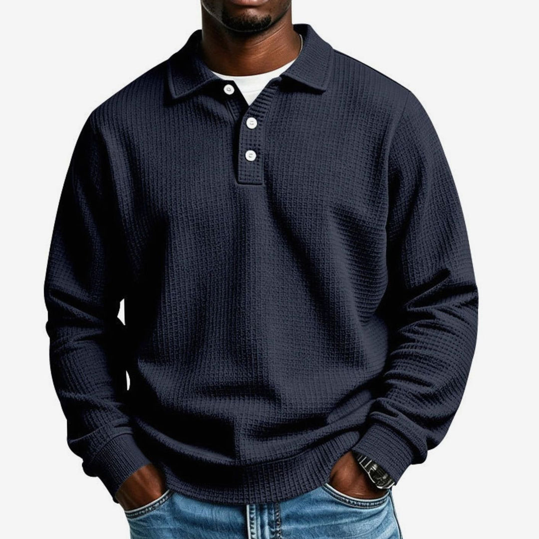 Men's Waffle Knit Long Sleeve Polo Shirt Relaxed-Fit Button Placket