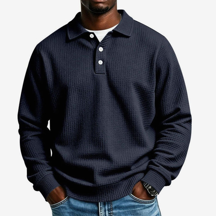 Men's Waffle Knit Long Sleeve Polo Shirt Relaxed-Fit Button Placket