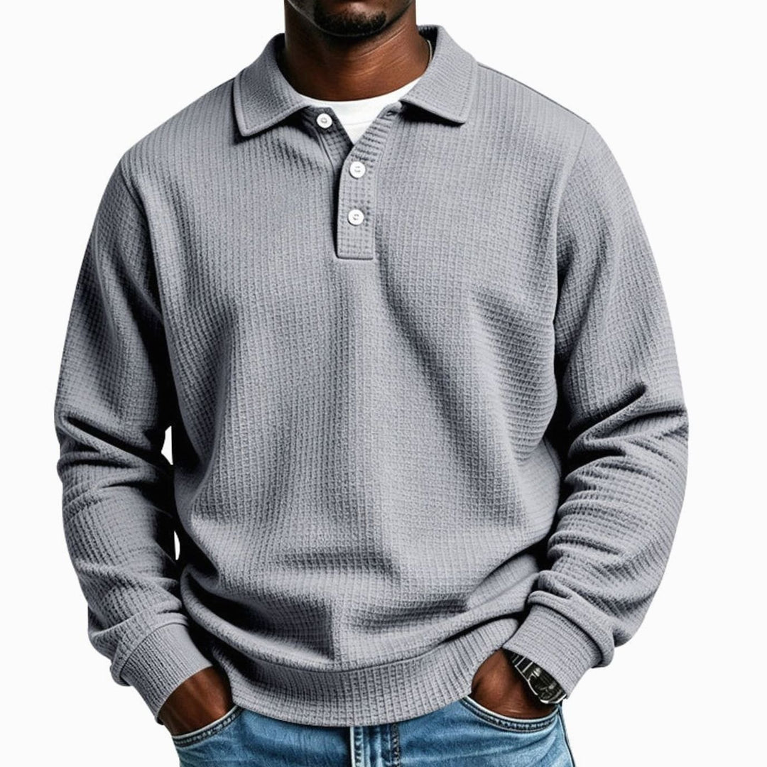 Men's Waffle Knit Long Sleeve Polo Shirt Relaxed-Fit Button Placket - Gray